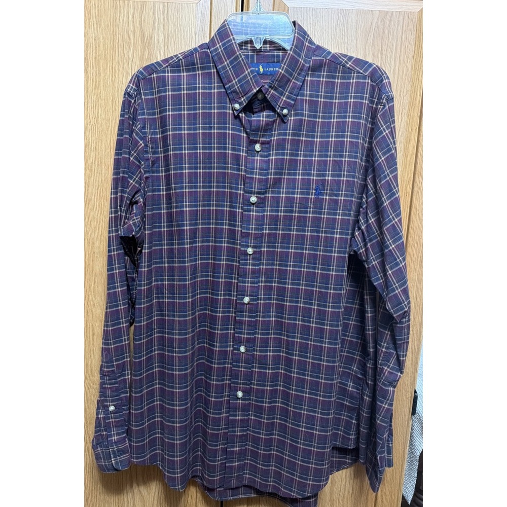 RALPH LAUREN Long Sleeve Button Down Shirt - Plaid Blue/Burgandy/Gold - Size L